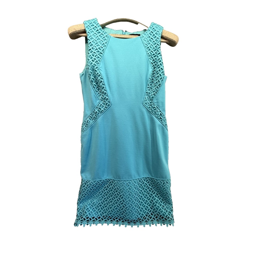 Vintage Tahari Arthur S. Levine Dress 10 Teal Crochet Lace Sheath Cap Sleeve